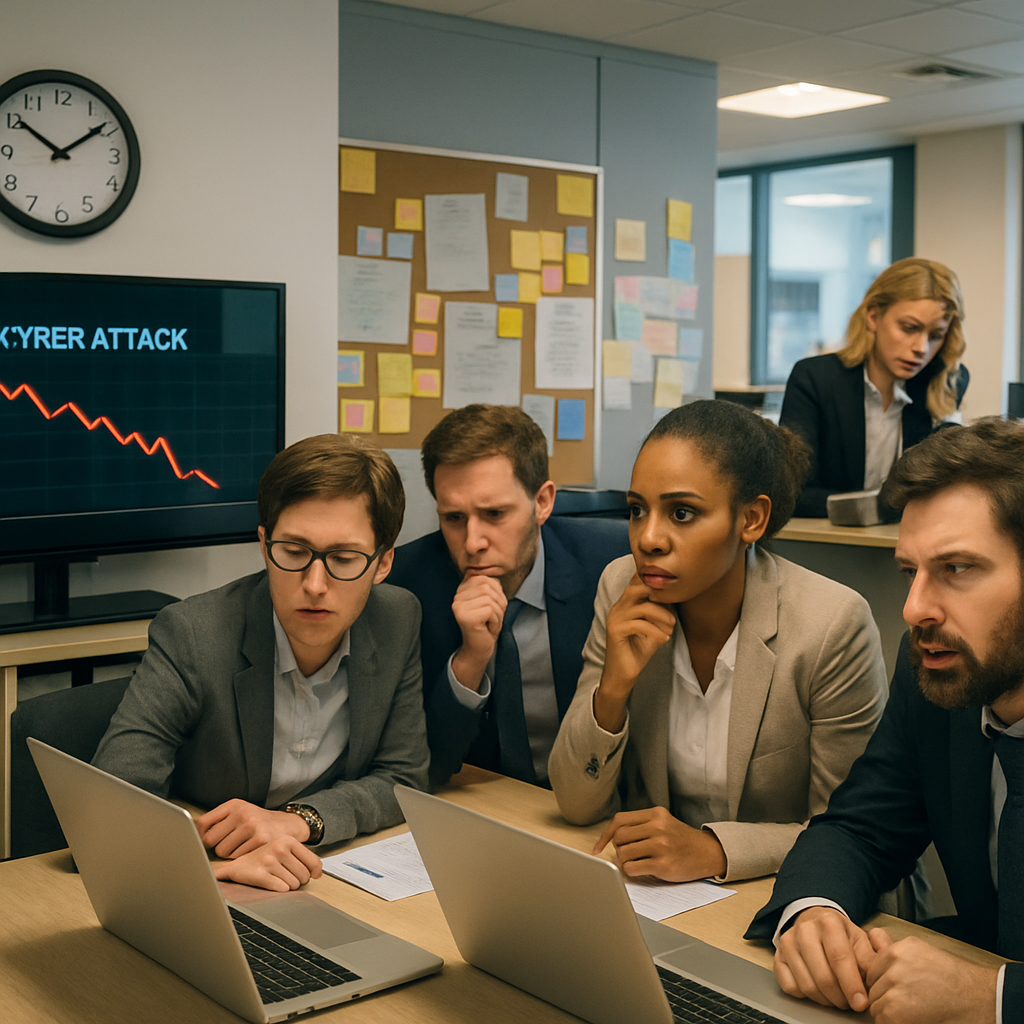 The image depicts a modern office environment, bustling with activity on a Monday morning. In the foreground, a diverse group of professionals, including a woman with short hair in glasses and a man with a beard, huddle around a conference table, their expressions a mix of concern and urgency. Laptops are open, and a large screen displays a graph indicating a sudden drop in system performance. In the background, a receptionist answers ringing phones, her brow furrowed in worry. A wall clock shows the time as 8:30 AM, emphasizing the start of the workweek. The overall atmosphere is tense, highlighting a moment of crisis as staff members contemplate the possibility of a cyber attack. Sticky notes and charts cover the walls, suggesting a proactive approach to cybersecurity discussions. The lighting is bright, contrasting with the seriousness of the situation unfolding.